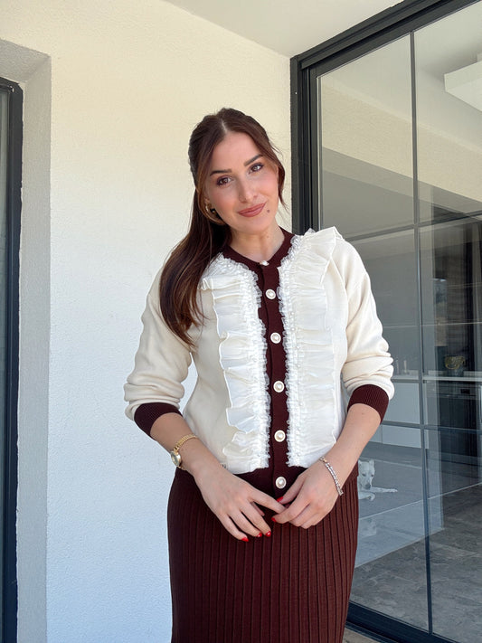 Manolya incili etekli ikili takım KAHVERENGİ