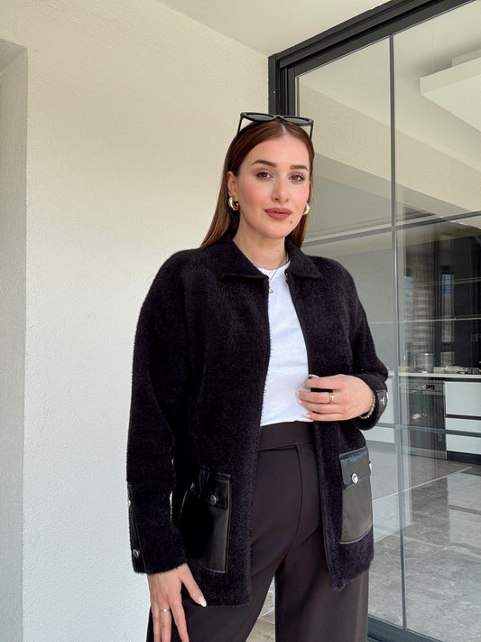 Liliyana deri cepli fermuarlı hırka-SİYAH