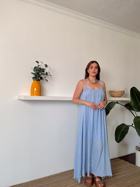 Viskon Vual İp Askılı Elbise Mavi