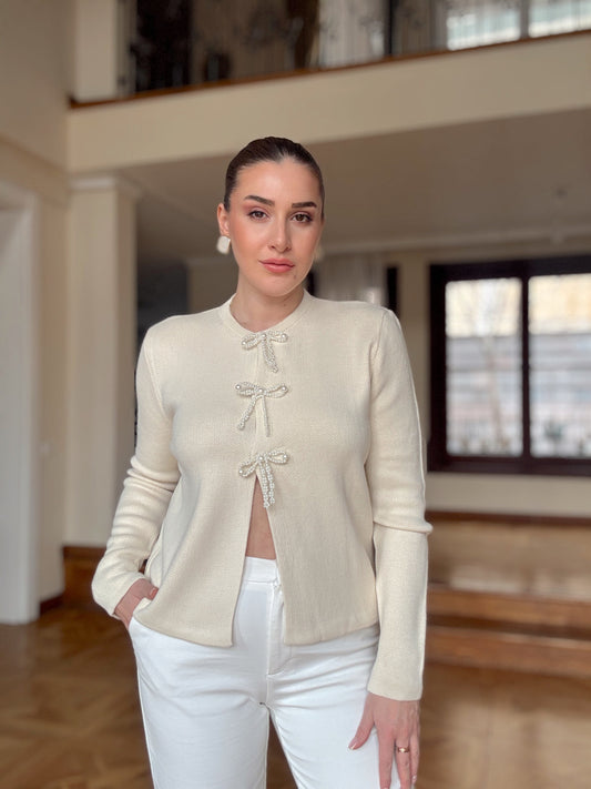 Fiyonk inci taşlı hırka-LATTE