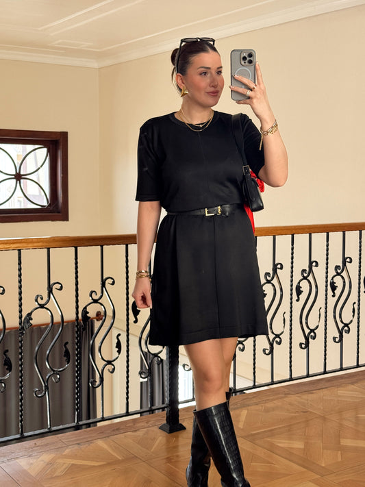 Kısa Kollu Triko Elbise-SİYAH