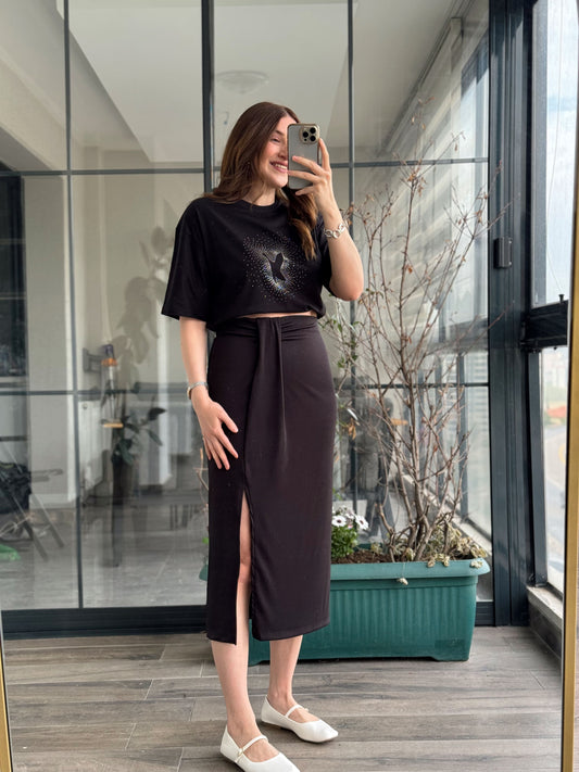 Büzgülü Yırtmaçlı Etek - SİYAH