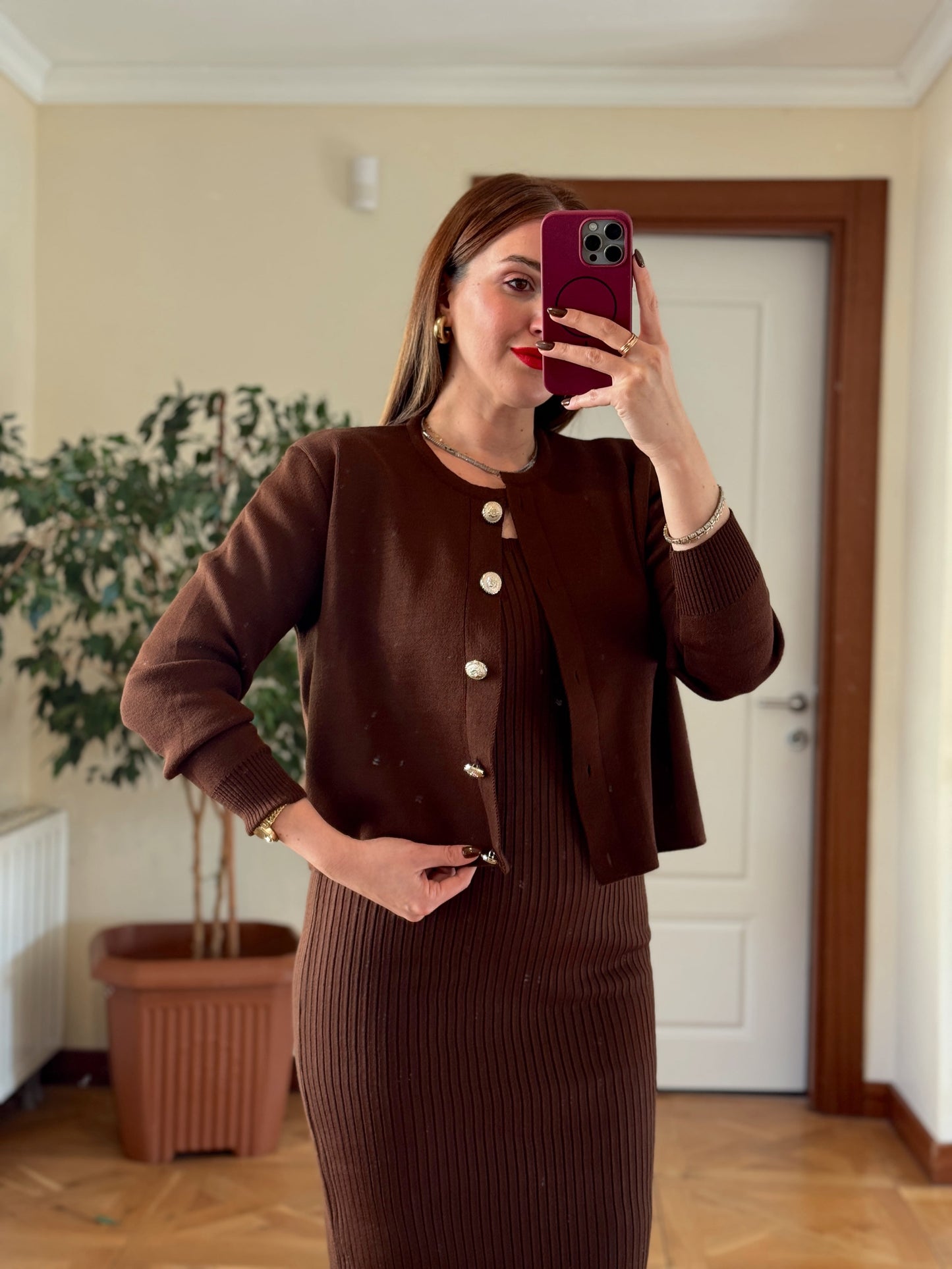 Ceketli Elbiseli Triko Takım - KAHVERENGİ