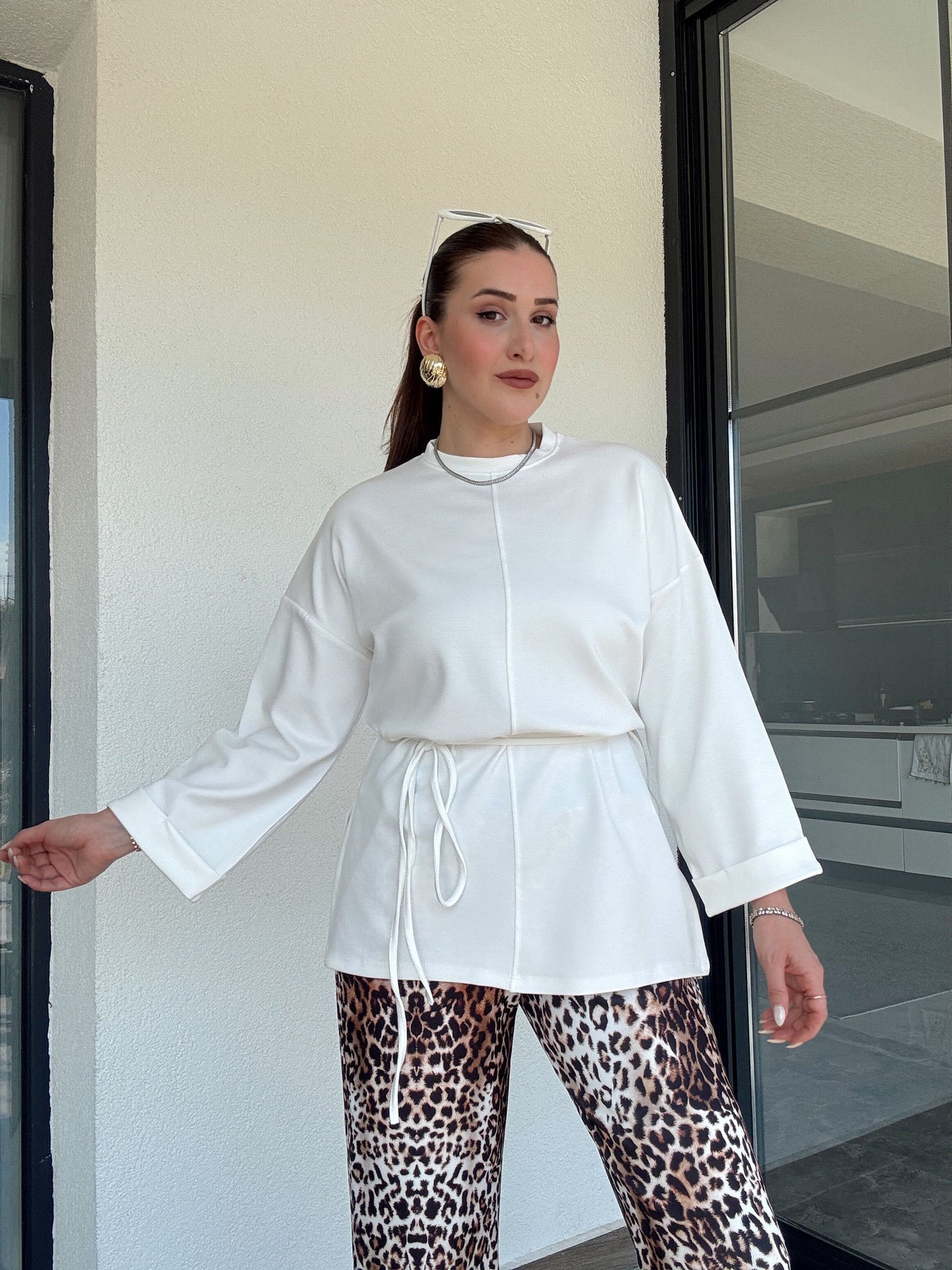 Modal kumaş duble kol tunik-BEYAZ