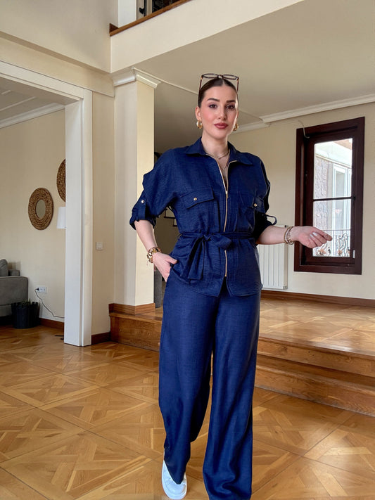 Kuşaklı Keten Takım lacivert