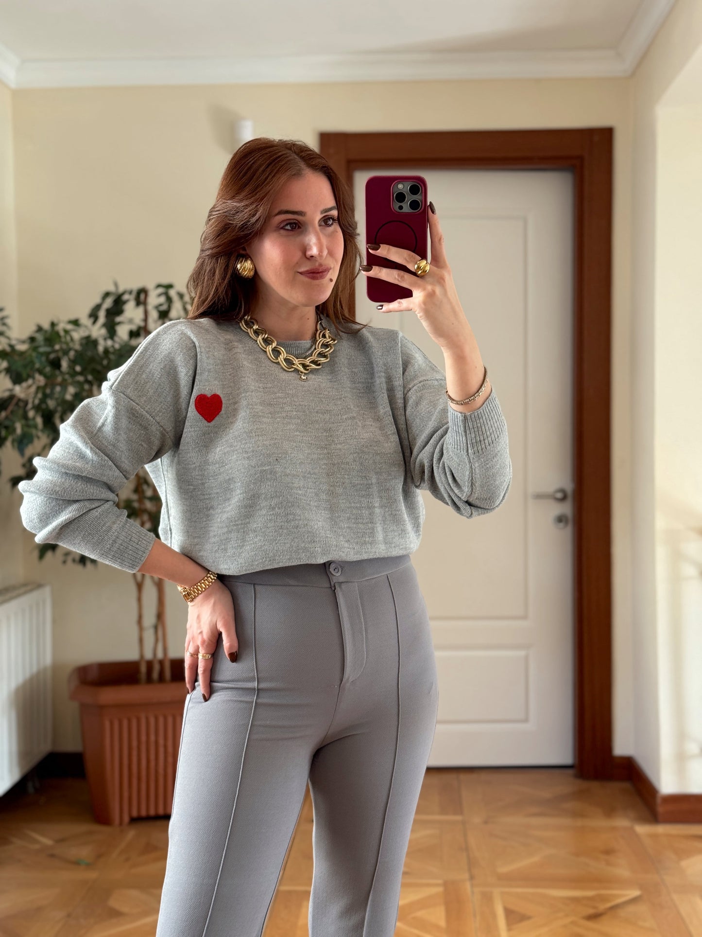 Kalp Aplikeli Crop Kazak - GRİ