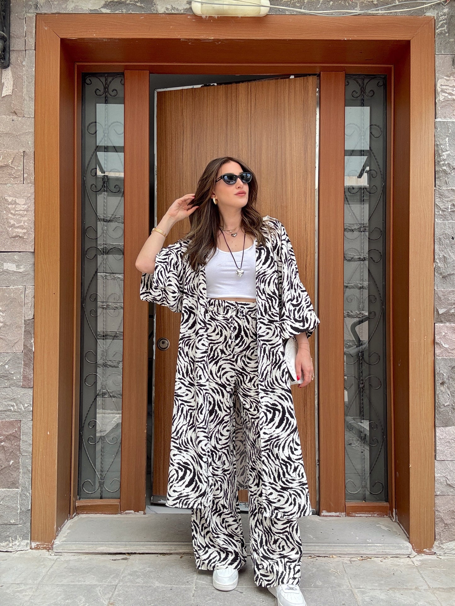 Desenli Kimono Takım Beyaz