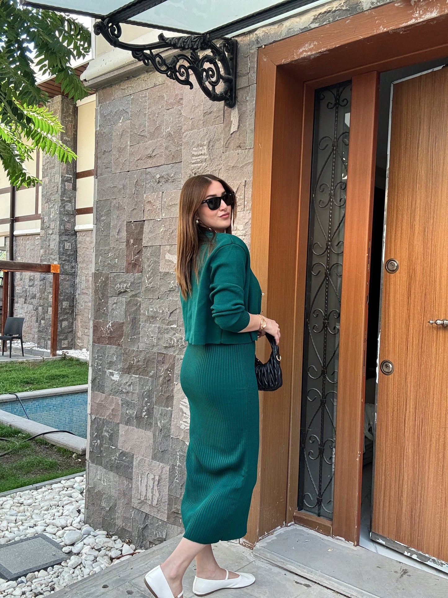 Ceketli Elbiseli Triko Takım - YEŞİL