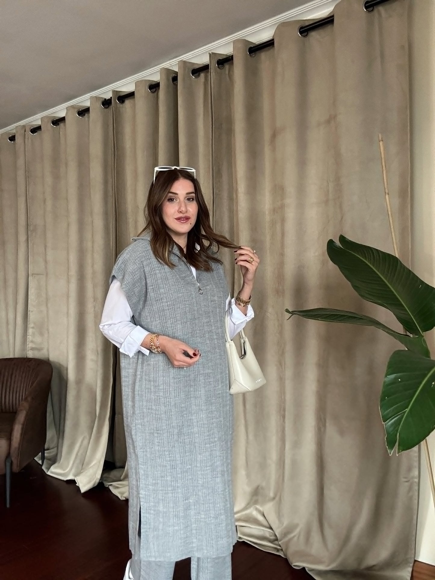 Süveterli Fitilli Triko Takım - GRİ
