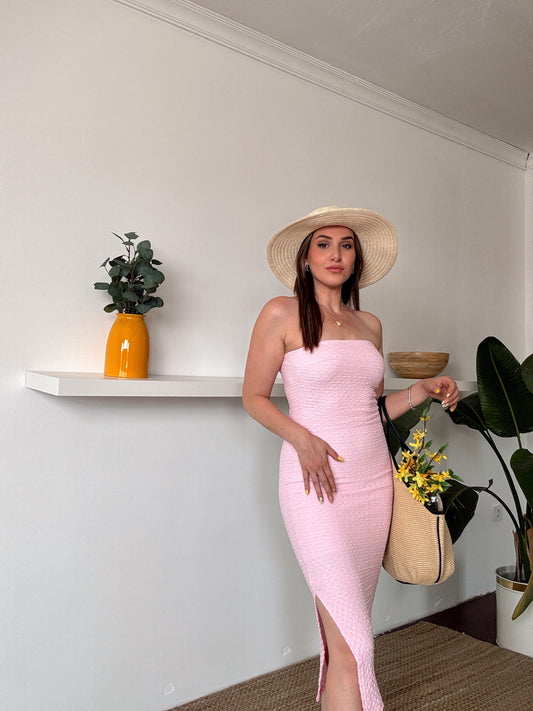 BEYDA straplez yırtmaçlı astarlı elbise PEMBE
