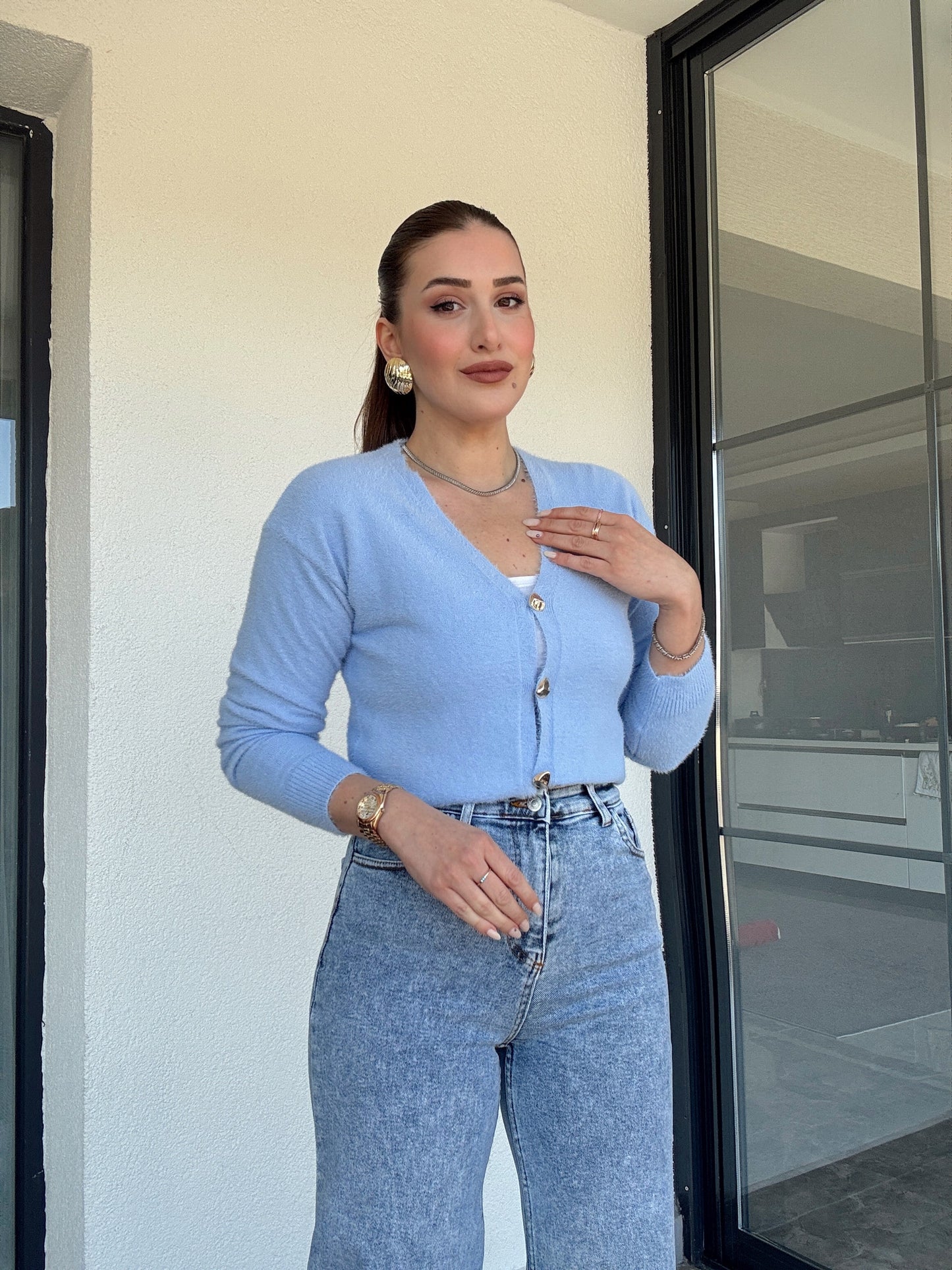 V Yaka yumoş ceket-MAVİ
