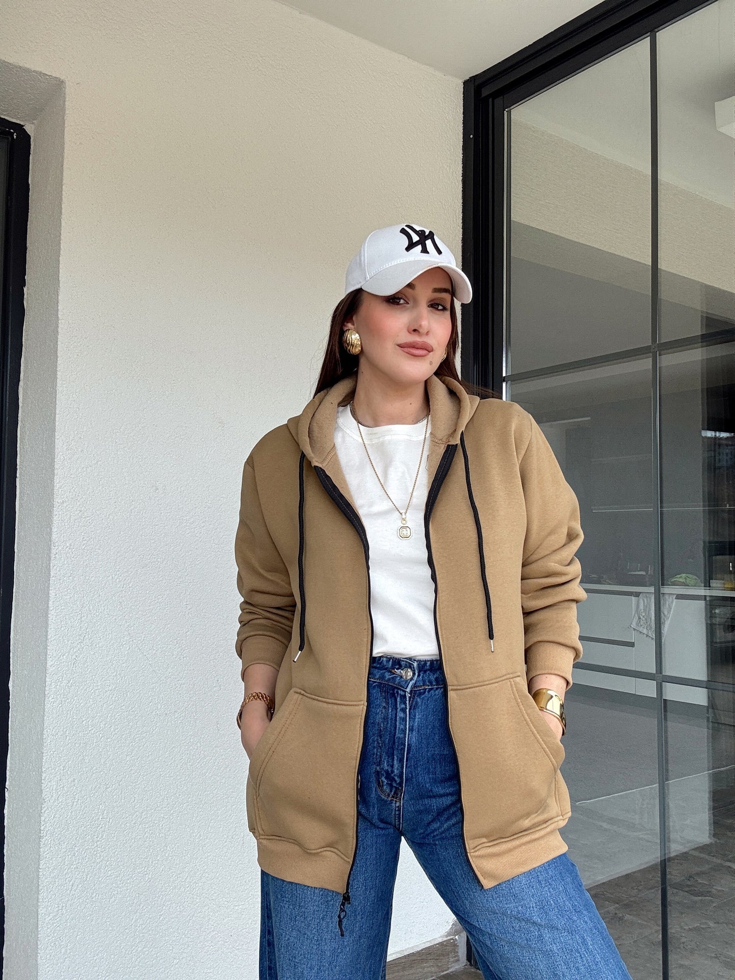 Şardonlu kapüşonlu sweatshİrt-CAMEL