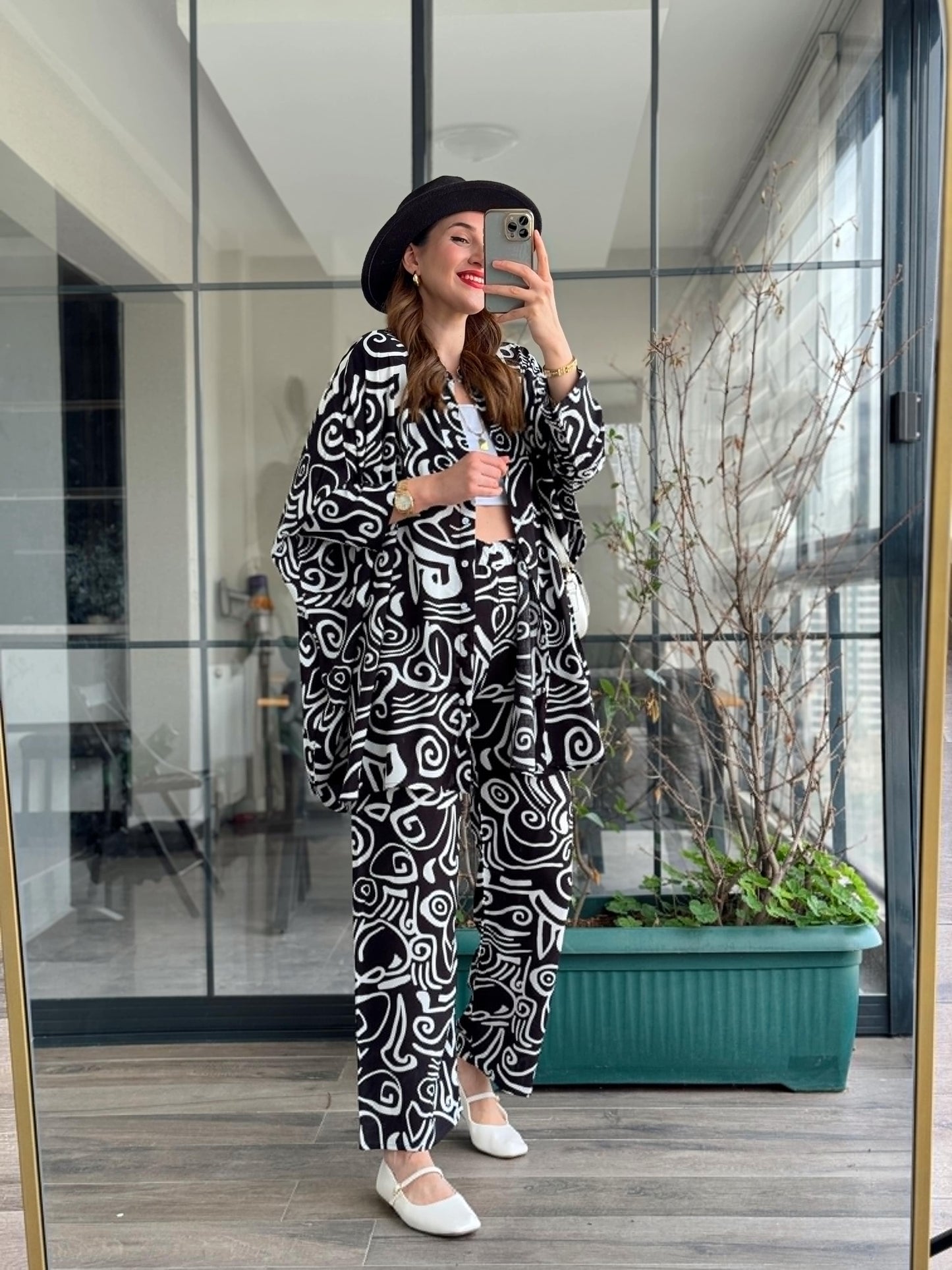 Desenli Viskon Takım - SİYAH