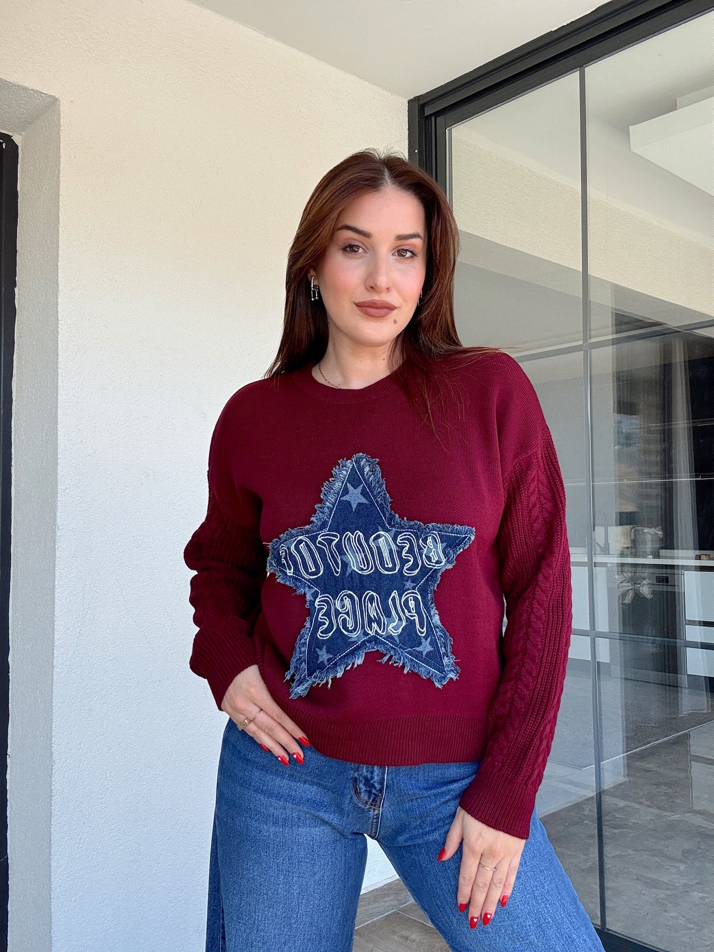 Twst model kot yıldızlı kazak BORDO