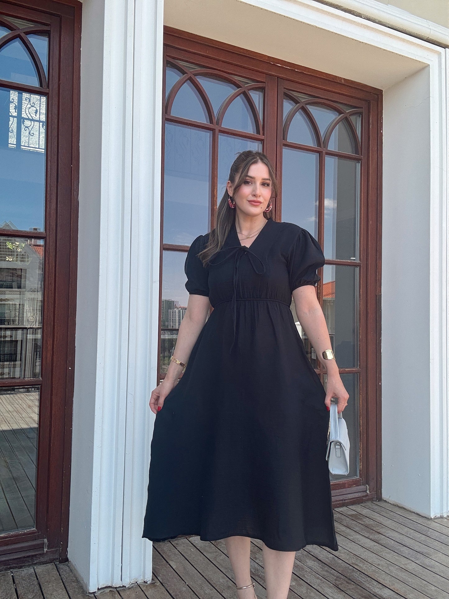 Bel büzgü detaylı müslin elbise SİYAH