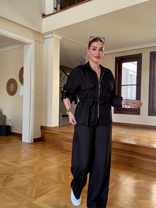 Kuşaklı Keten Takım Siyah