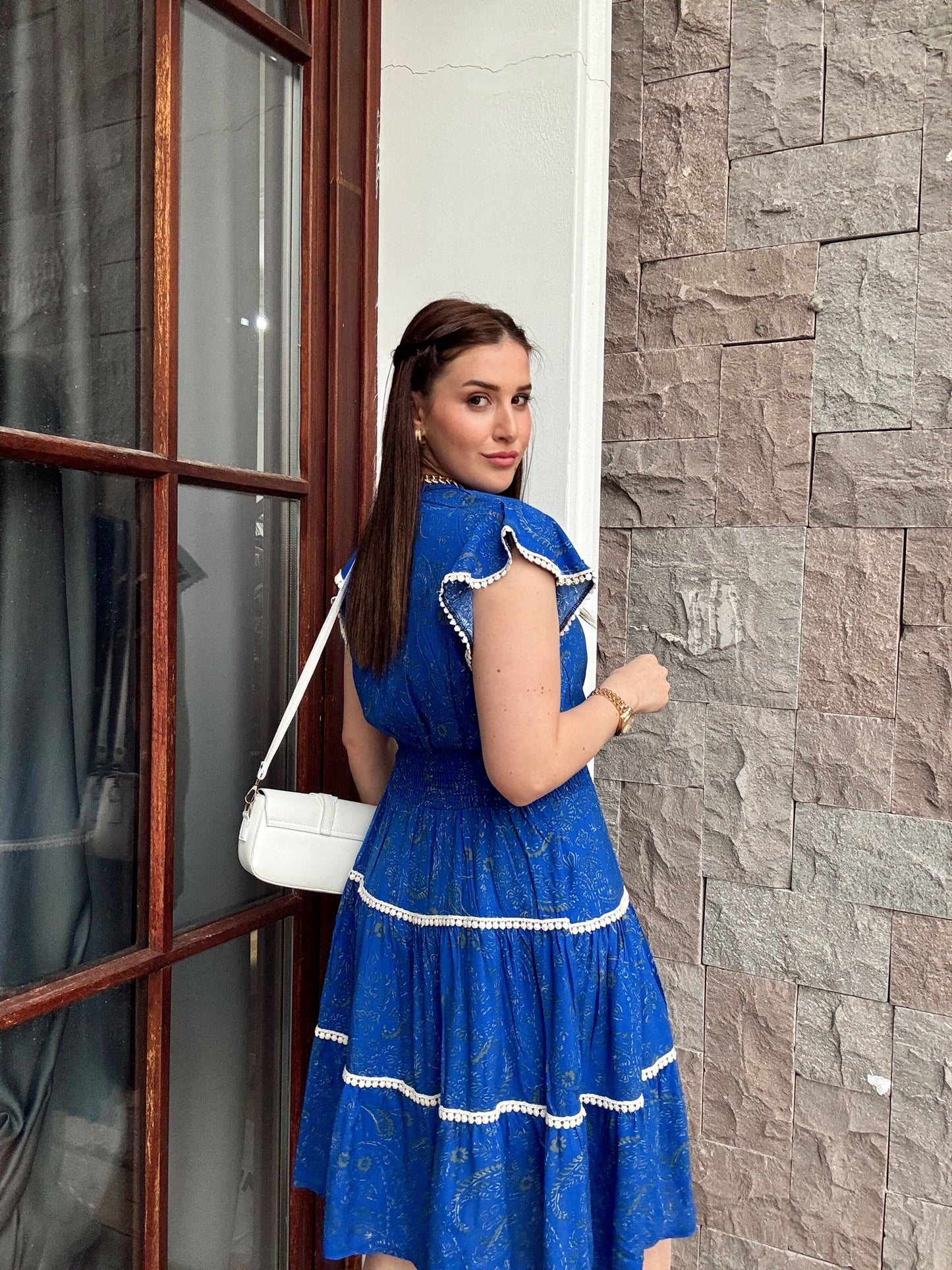 V yaka kol işleme detaylı elbise SAKS MAVİ