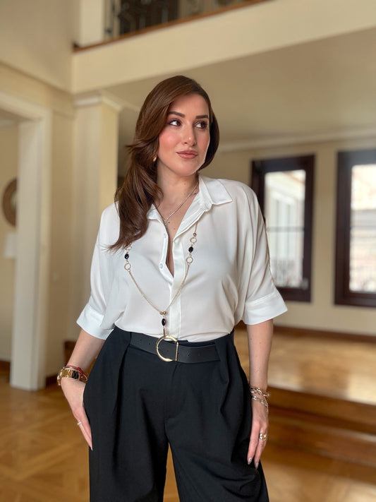 kolye detaylı kapri kol tensel gömlek BEYAZ