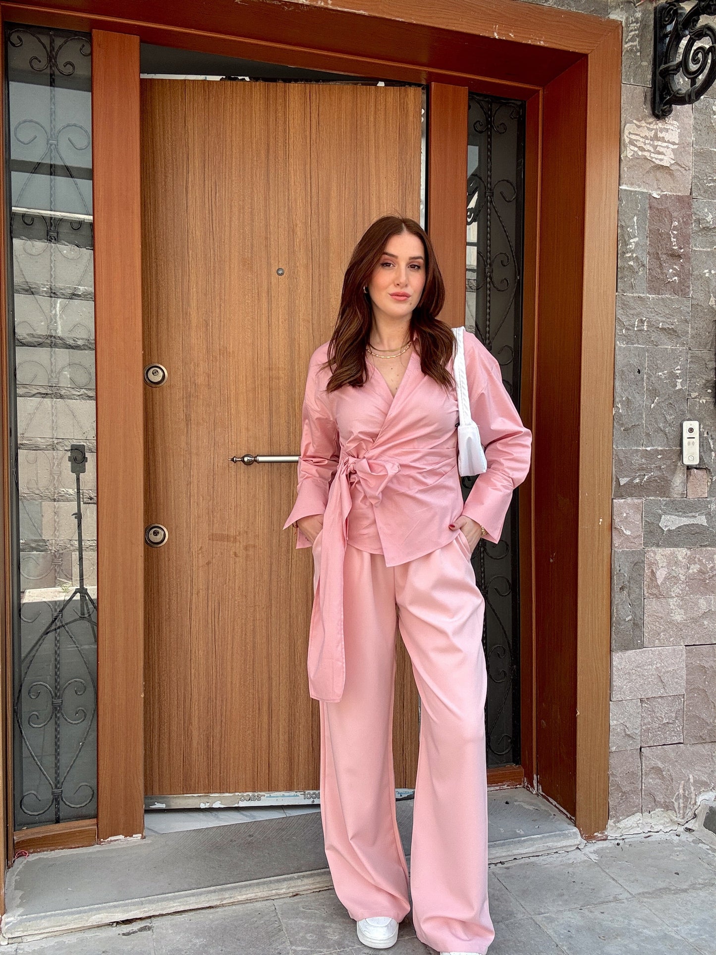 Bağlamalı basic poplin gömlek PUDRA