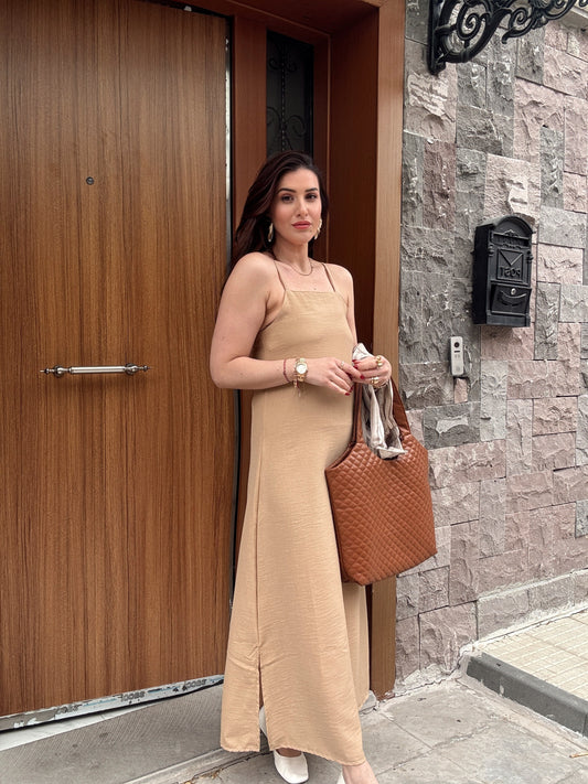 Ayarlanabilir ince askılı keten elbise CAMEL