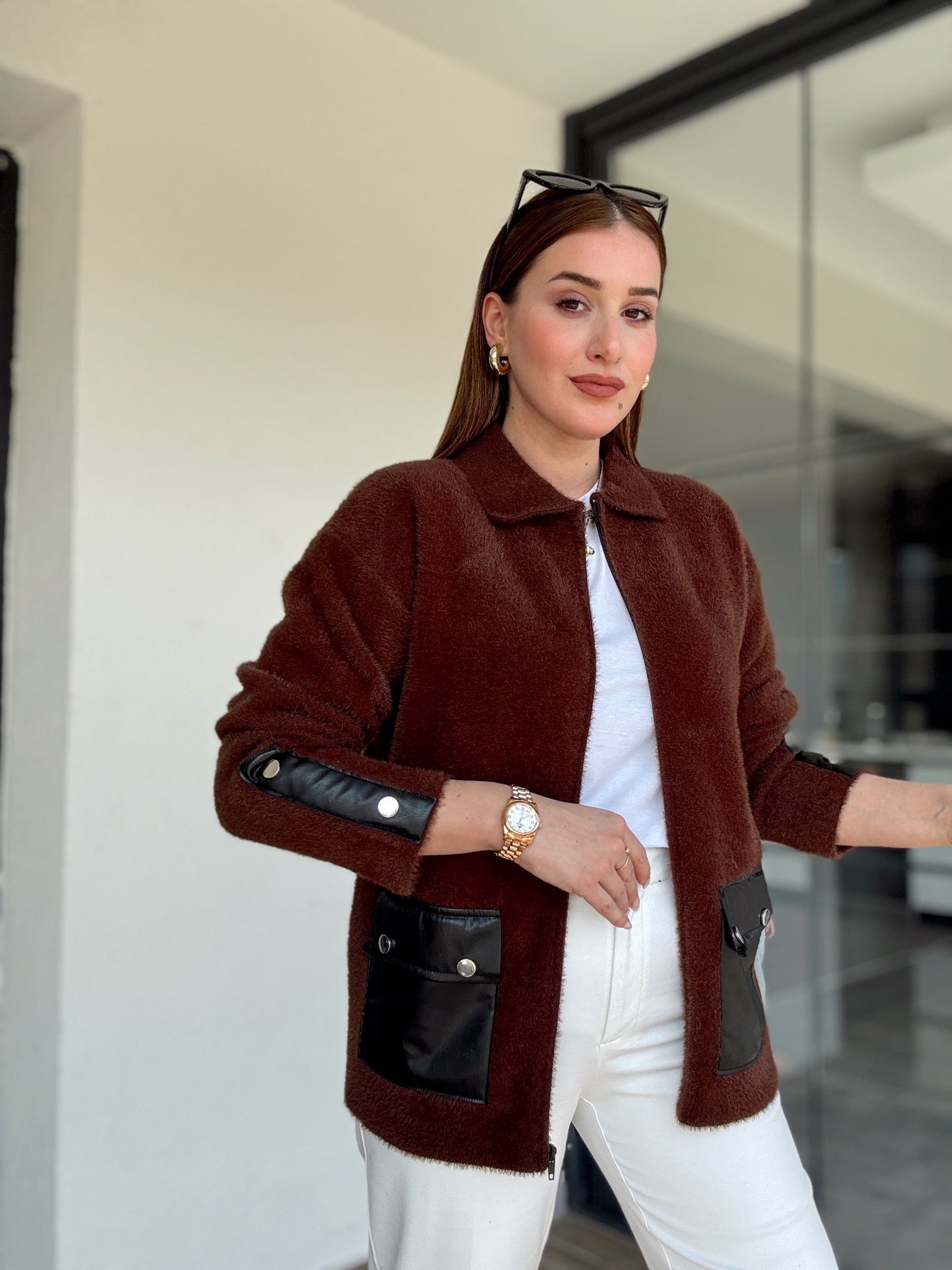 Liliyana deri cepli fermuarlı hırka-KAHVERENGİ