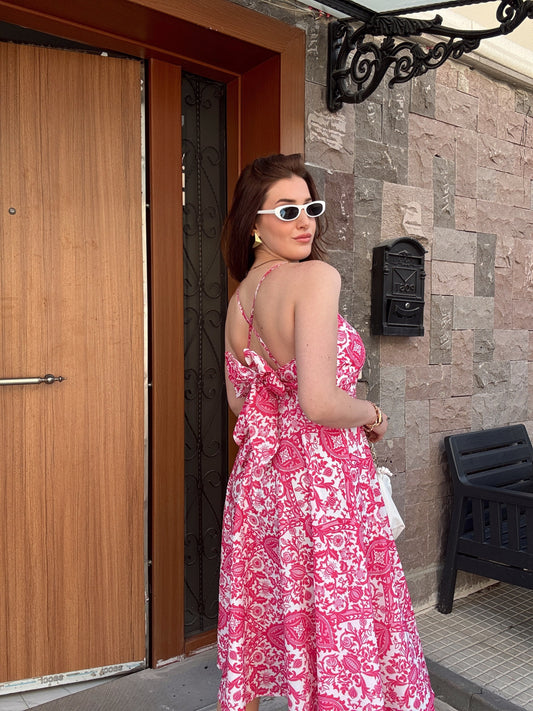 Ayarlanabilir arkası çapraz desenli elbise PEMBE