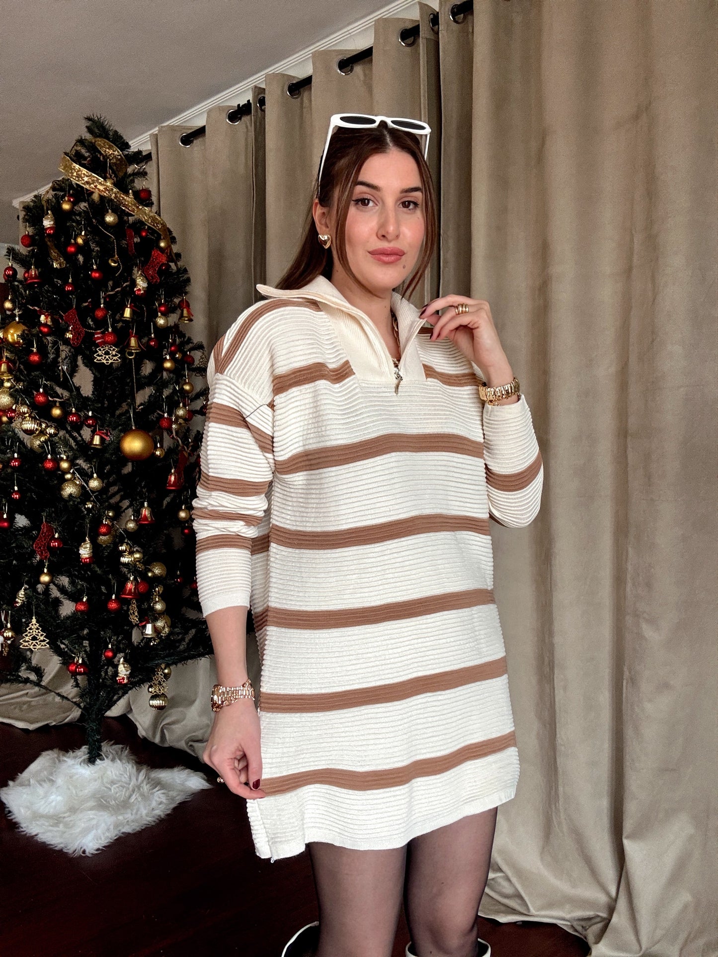 Fermuarlı Çizgili Triko Kazak LATTE CAMEL
