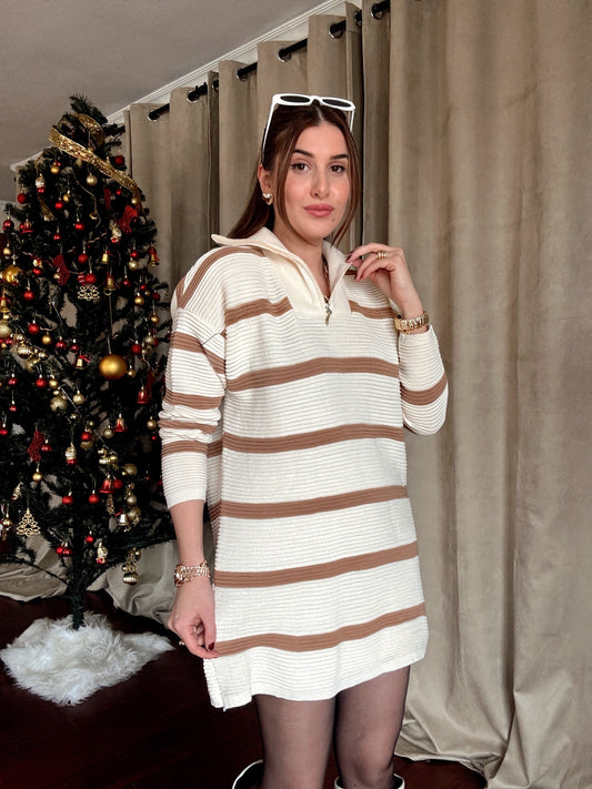 Fermuarlı Çizgili Triko Kazak LATTE CAMEL