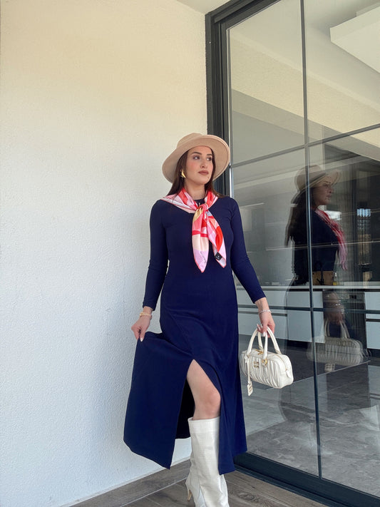 Bisiklet yaka yırtmaçlı fitilli elbise LACİVERT