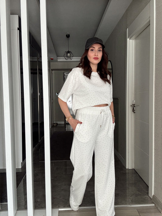 Taşlı Kısa Kol Takım -BEYAZ