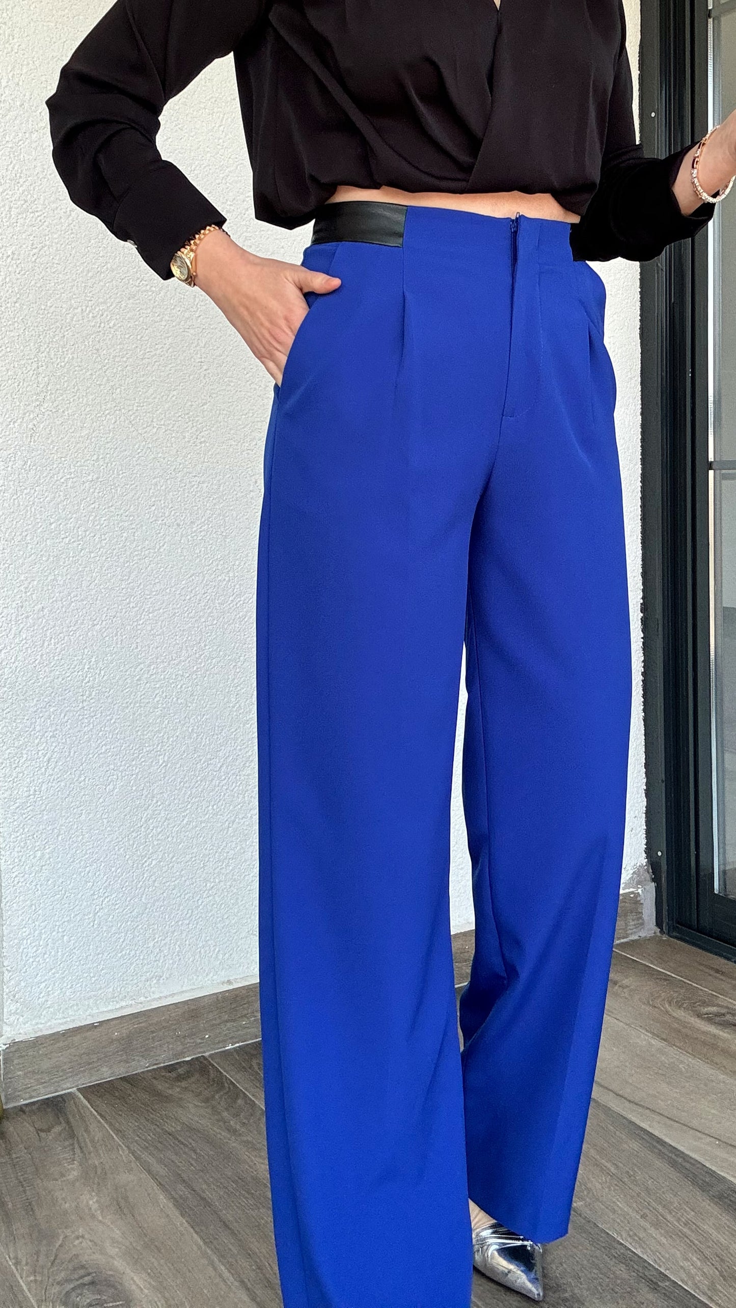 Deri Garnlili Milano Pantolon - SAKS MAVİ