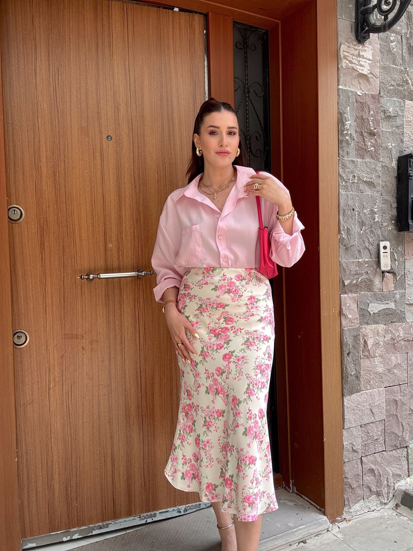 Çiçek desenli saten etek PEMBE