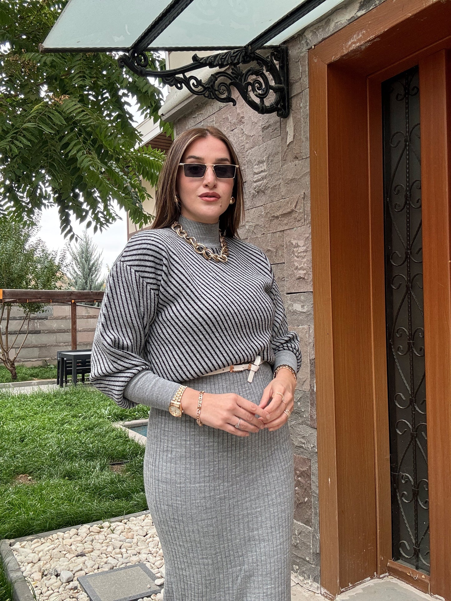 Yatay Çizgili Pikeli Jileli Takım - GRİ