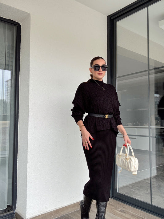 Fitilli Elbiseli Pançolu İkili Triko Takım - SİYAH