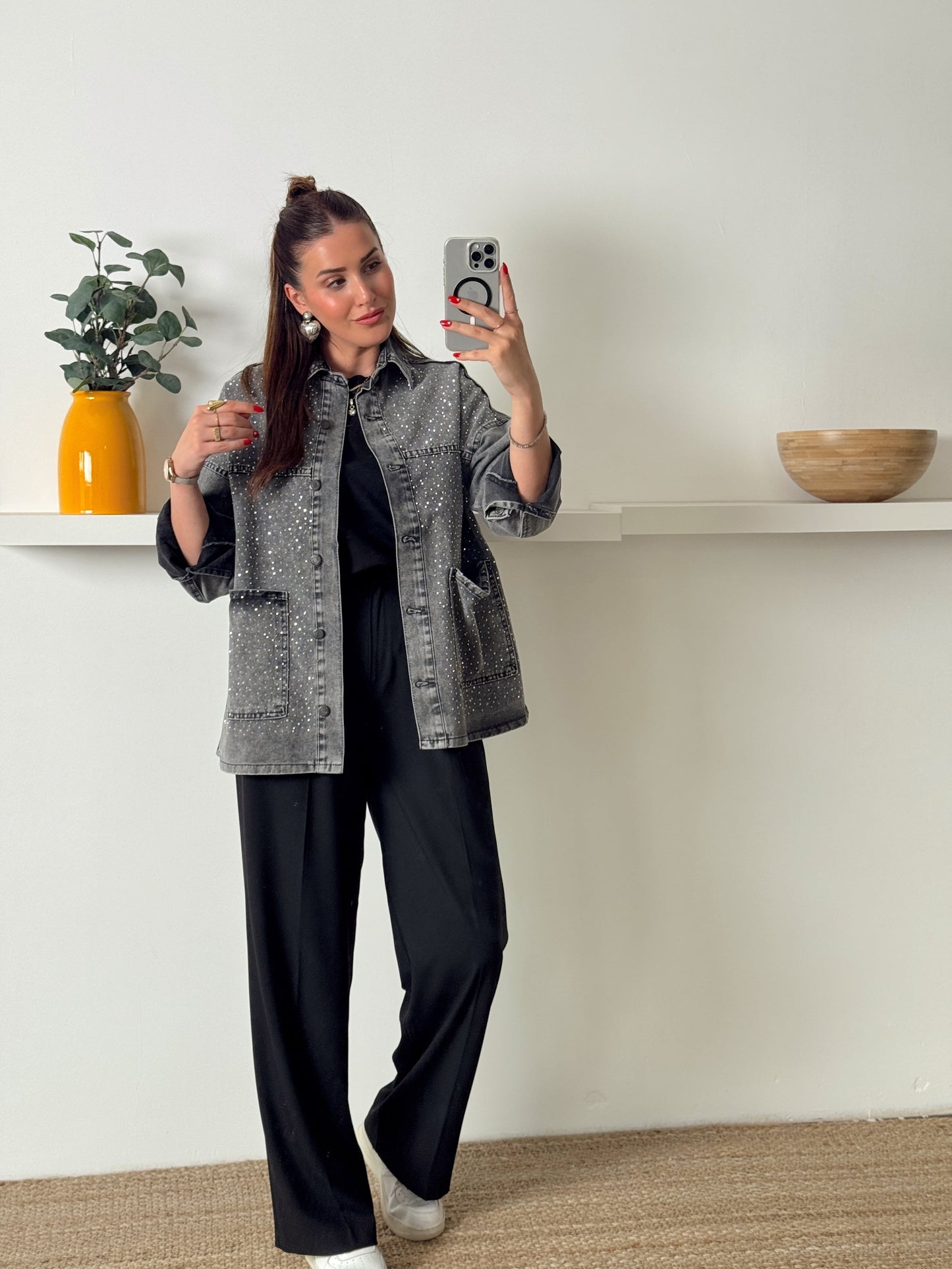 Cepli Taşlı oversize jean ceket Füme