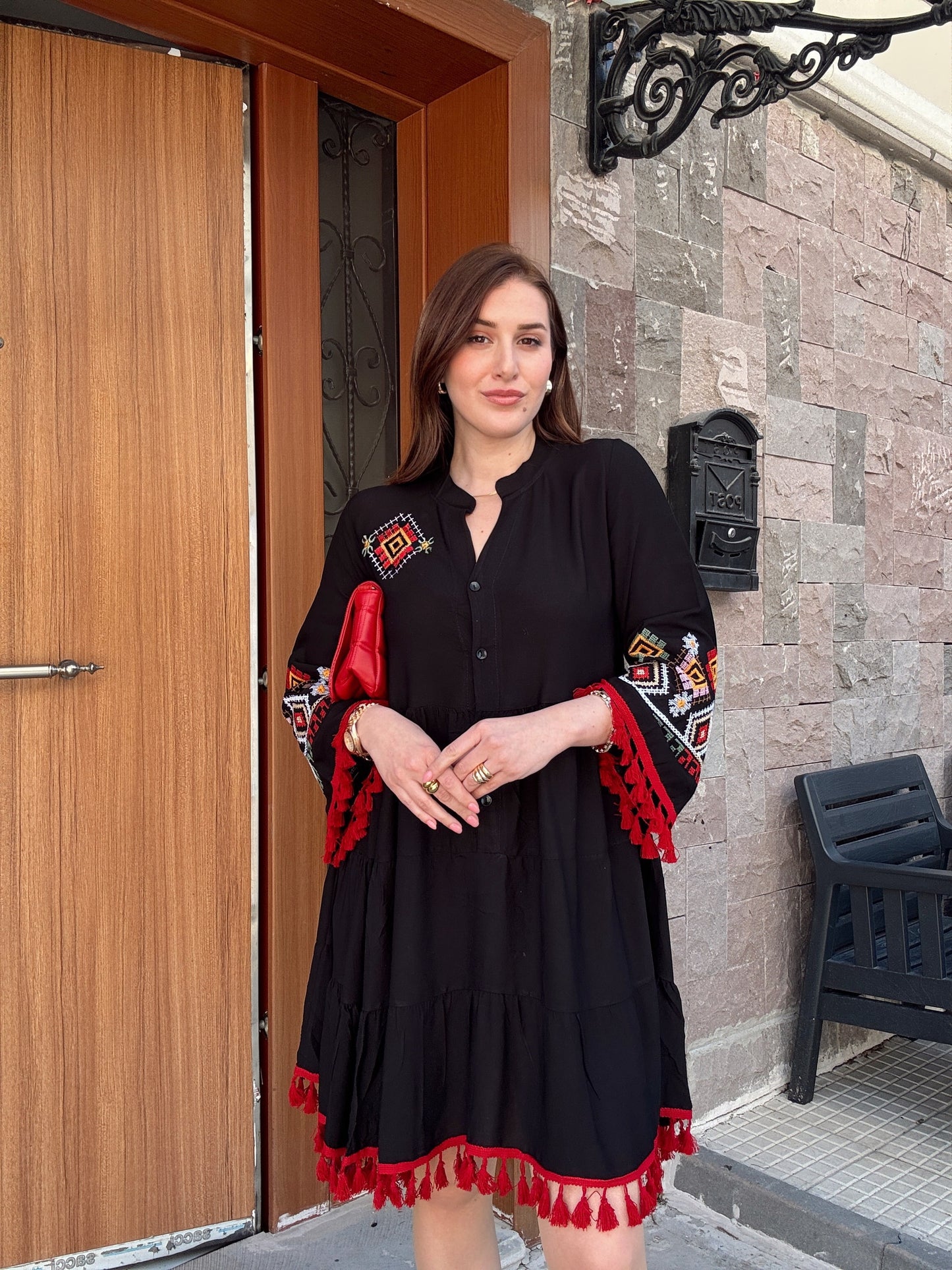 Etek ve kol püskül detaylı bohem elbise SİYAH