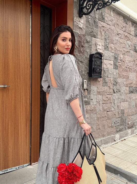 Sırt dekolte detay keten elbise GRİ