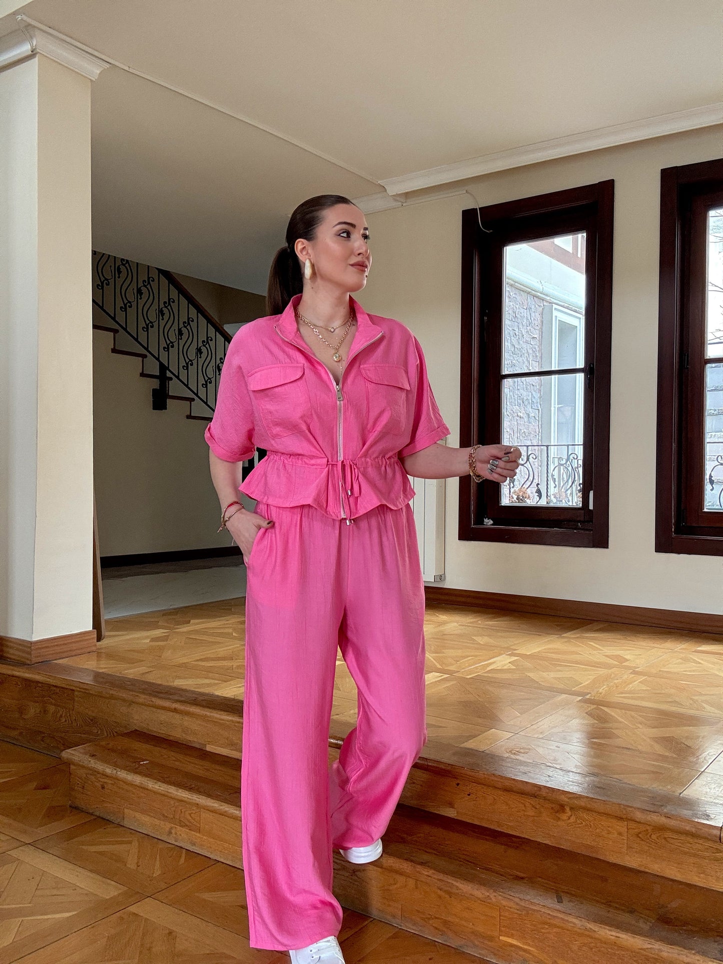 Pantolon Fermuarlı ceket takım - Pembe