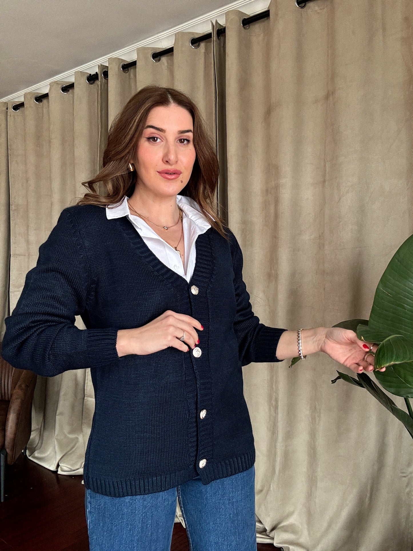 Gümüş Düğme Detaylı Triko Hırka-LACİVERT
