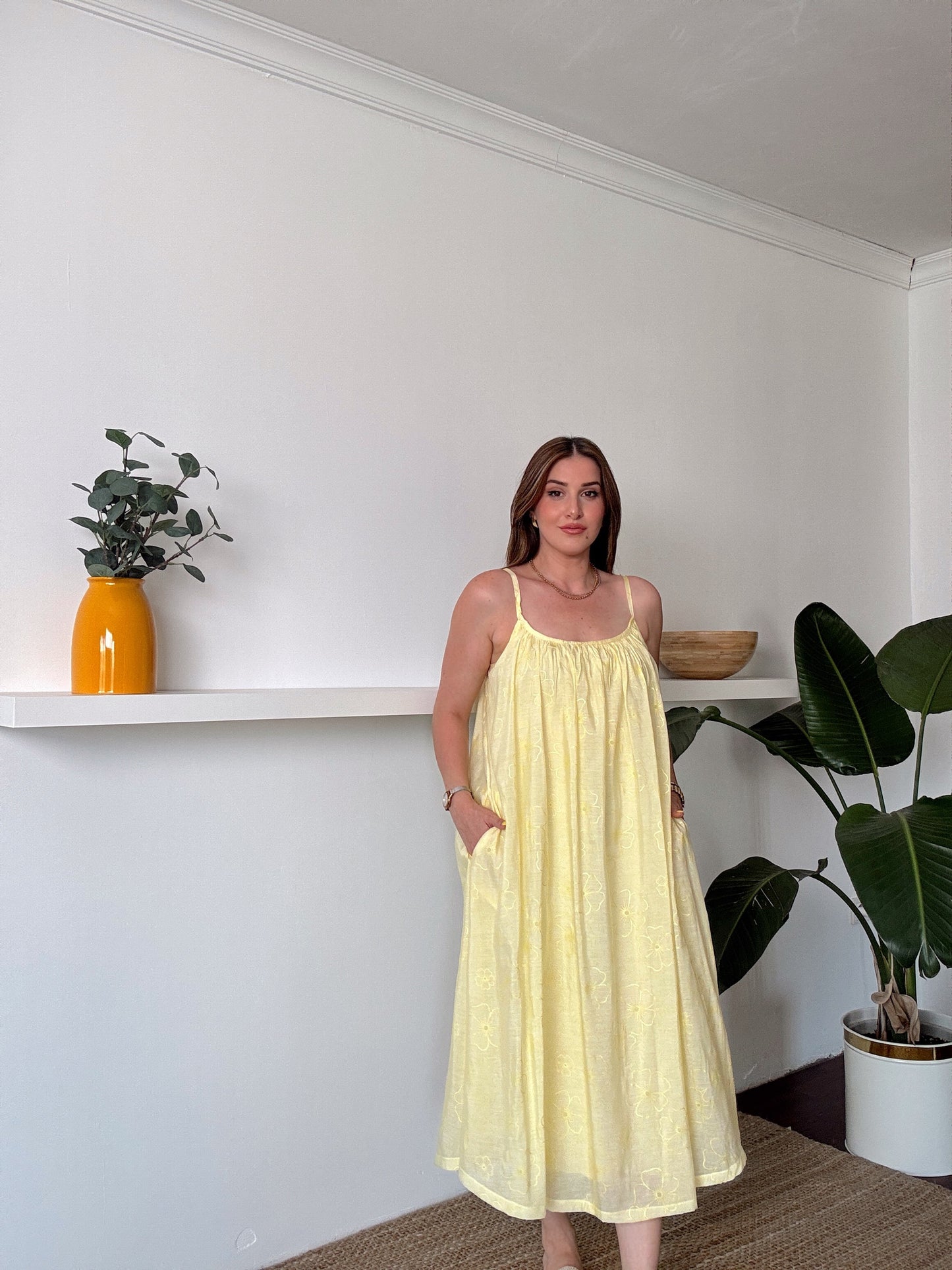 Askılı Astarlı Premium kumaş salaş elbise Sarı