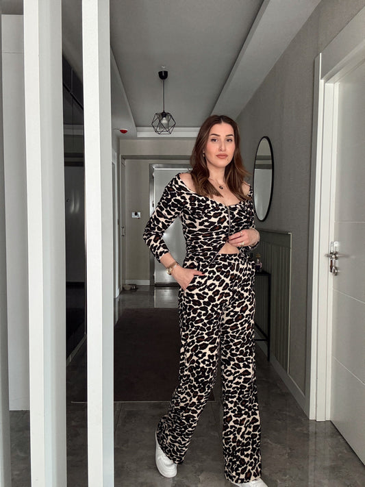 Leopar Desenli Ottoman Pantolon KAHVE