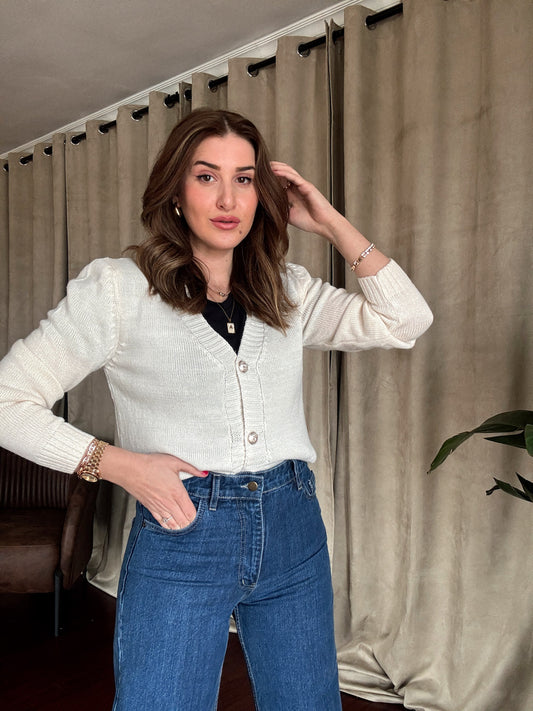 Gümüş Düğme Detaylı Triko Hırka-LATTE