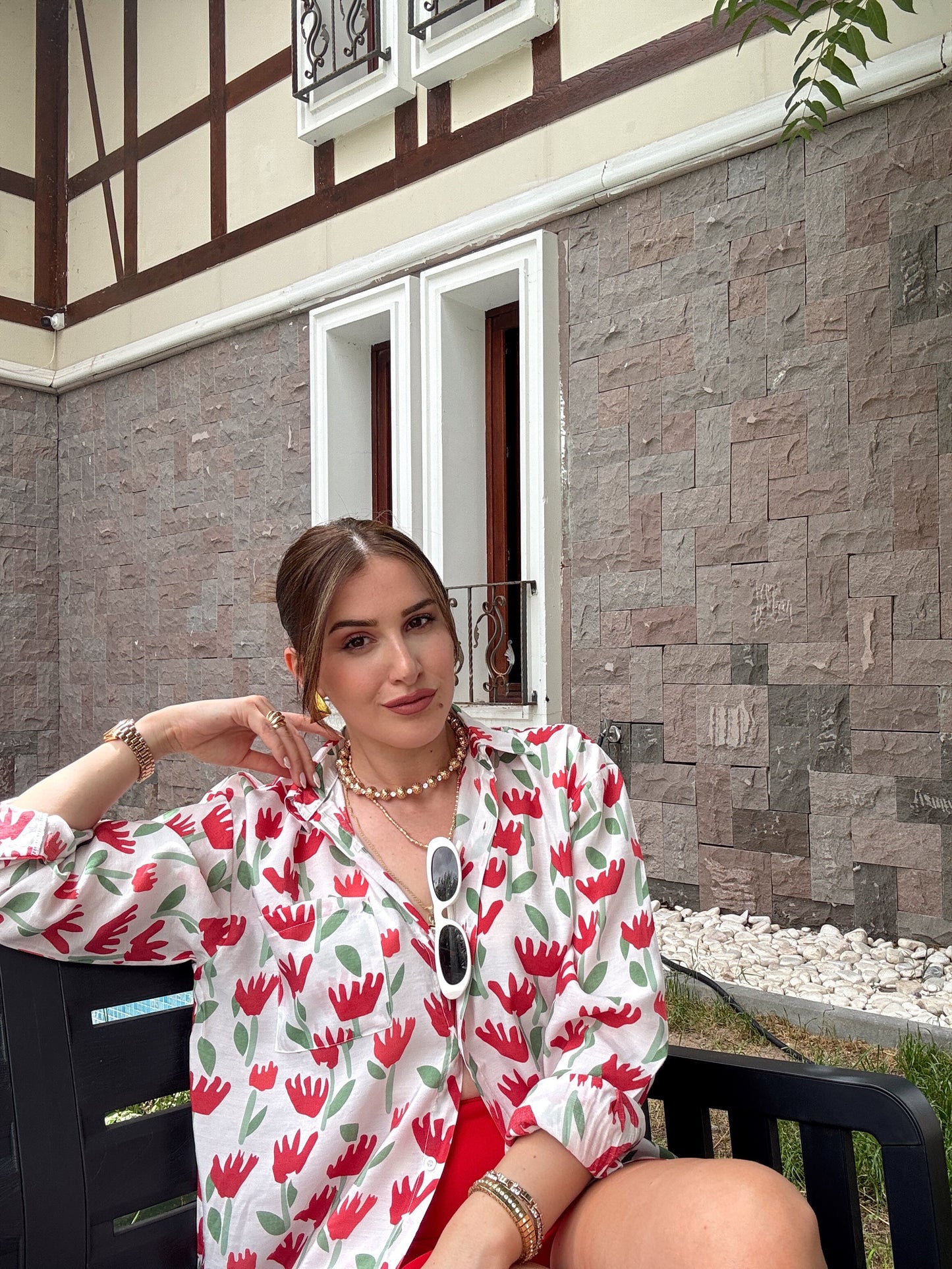ZR MODEL cepli lale desenli gömlek BEYAZ