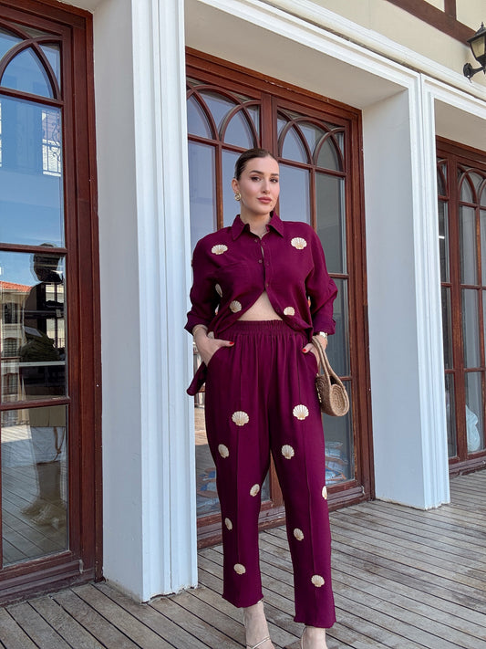 Deniz kabuğu nakış işlemeli keten takım BORDO
