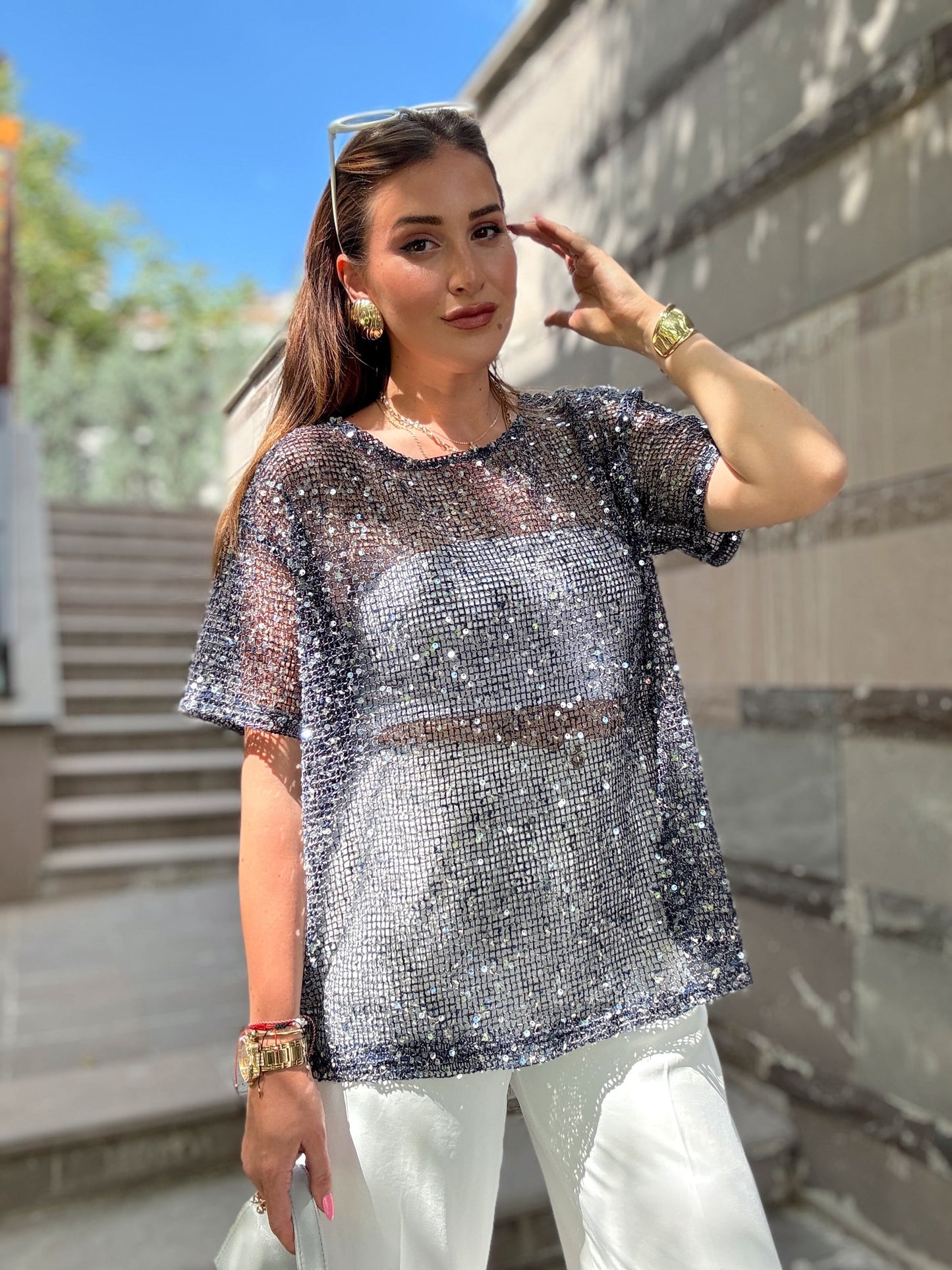 Premium pullu kumaş bluz Lacivert