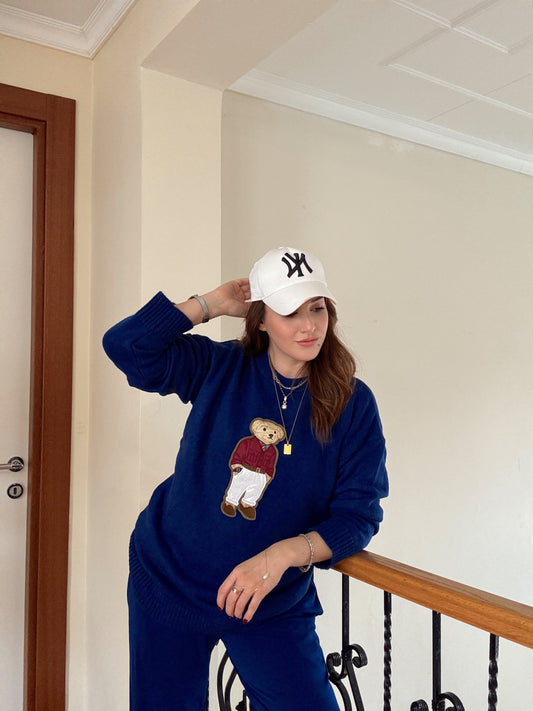 Ayıcık İşleme Yumoş Triko Kazak - SAKS MAVİ