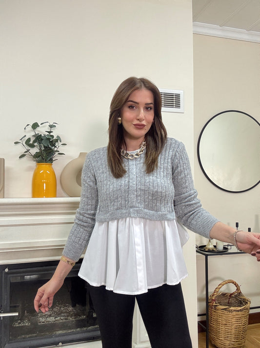 Poplin gömlek garnili triko kazak -GRİ