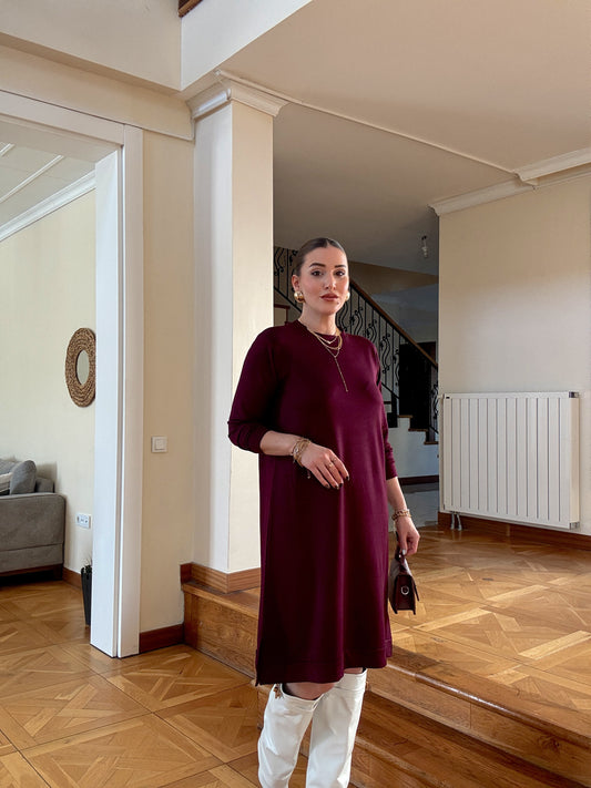 Uzun kol basic elbise Mürdüm