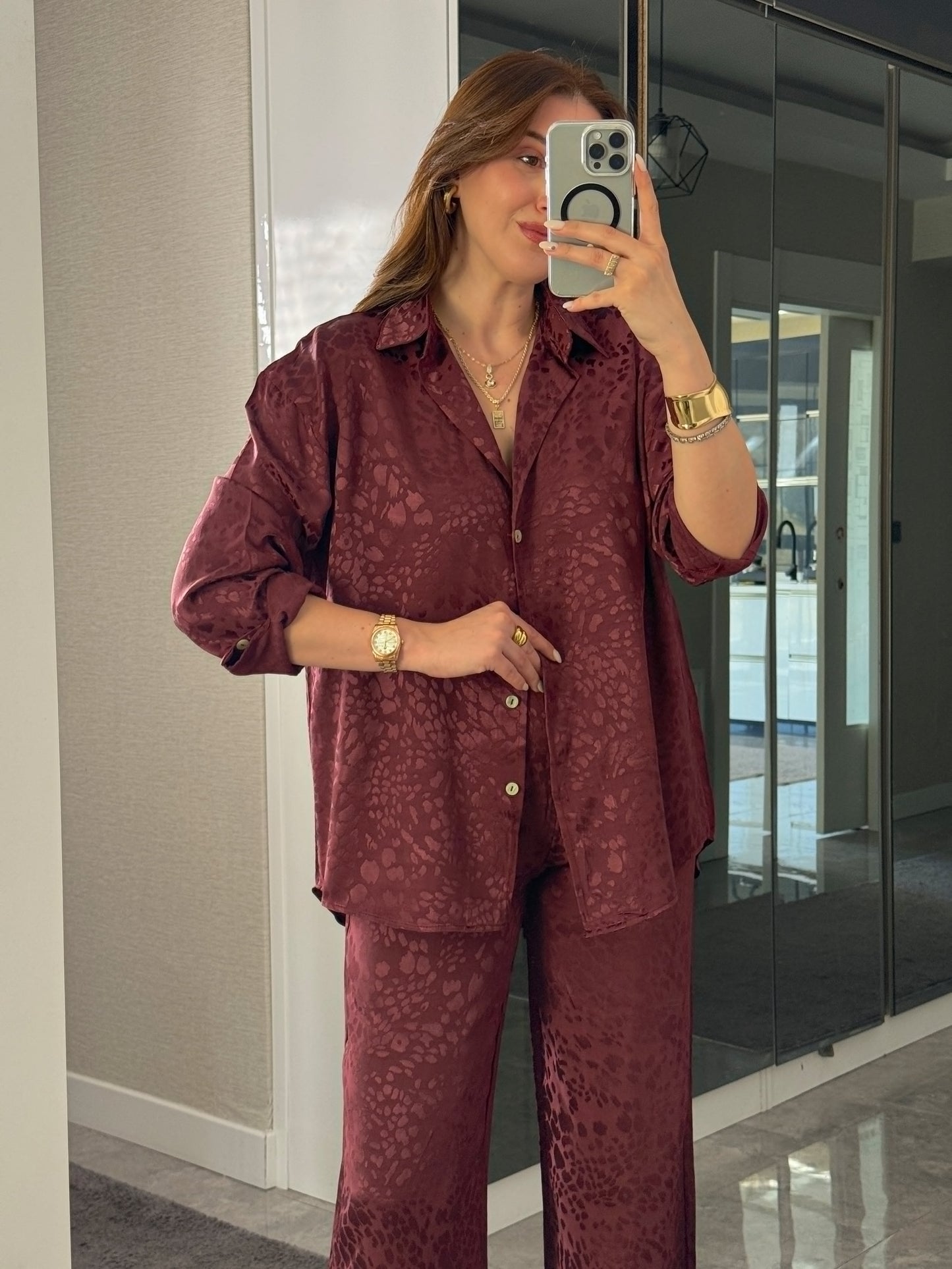 Leopar desenli İkili Takım Bordo