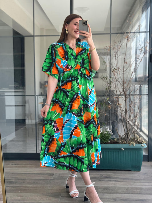 Mozaik Desen Kruvaze Yaka Elbise - YEŞİL